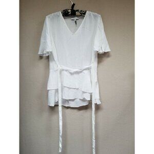 IPEKYOL Womens Layered Peplum Top Blouse Size 6 White Short Sleeve V-Neck Belted